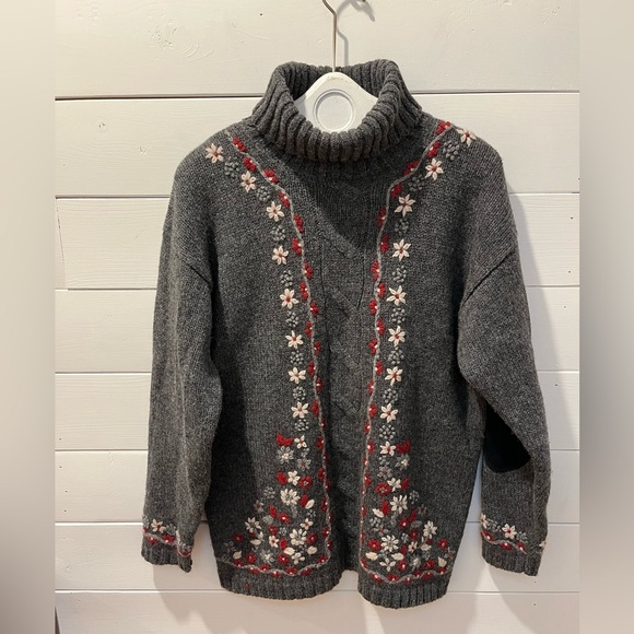 POINT ZERO - Grey Wool Sweater with Embroidery - Size L - Picture 1 of 10